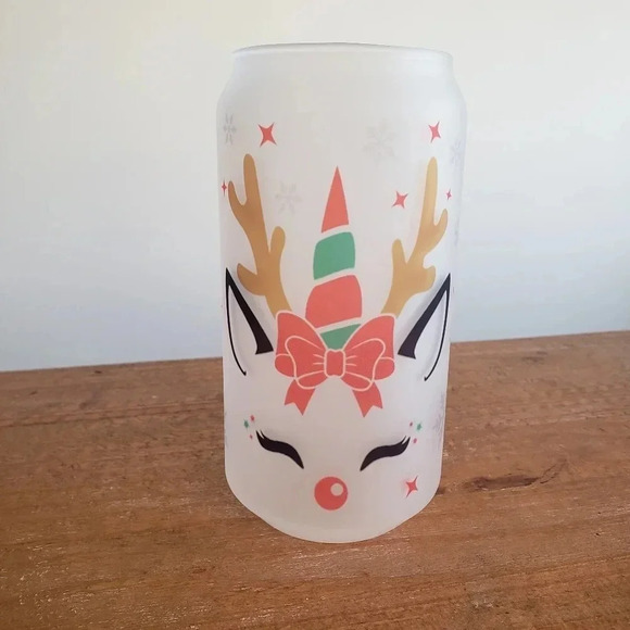Unicorn reindeer frosted glass cup includes lid and glass straw - Picture 3 of 6